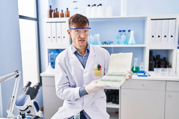 Caucasian Man Working Scientist Laboratory Clueless Confused Expression Doubt Concept — Stock Photo, Image