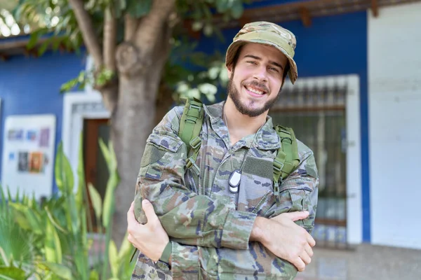 Young Hispanic Man Wearing Camouflage Army Uniform Outdoors Happy Face — Stock Photo, Image