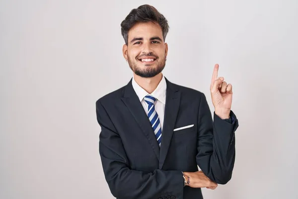 Young Hispanic Man Tattoos Wearing Business Suit Tie Big Smile — Stock Photo, Image