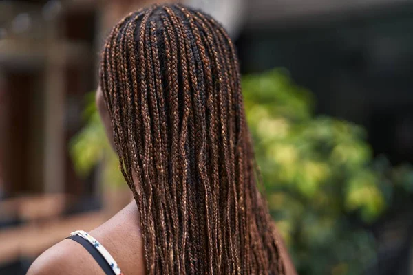 African American Woman Standing Back View Coffee Shop Terrace — Stock fotografie