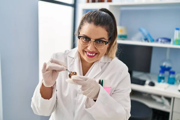 Young Beautiful Size Woman Scientist Holding Mushroom Tweezers Pharmacy — Stock Photo, Image
