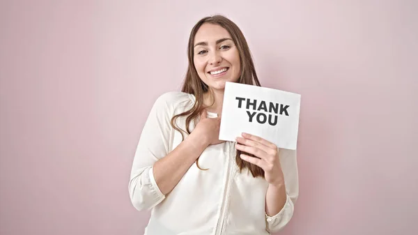 Young Beautiful Hispanic Woman Smiling Confident Holding Thank You Paper — Stock Photo, Image