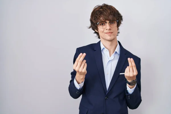 Hispanic Business Young Man Wearing Glasses Doing Money Gesture Hands — Stock Photo, Image