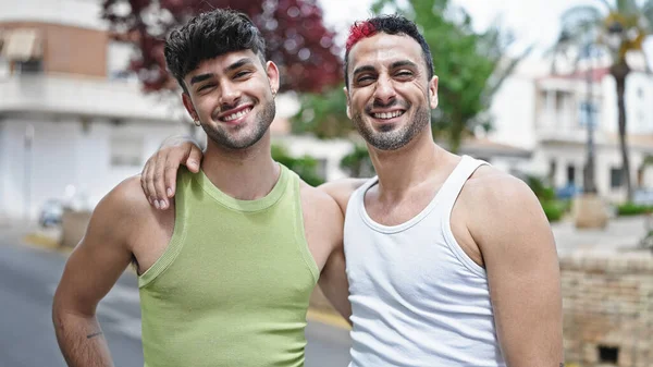 Two Men Couple Smiling Confident Hugging Each Other Street — Stock Photo, Image