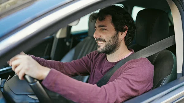 Young Hispanic Man Smiling Confident Driving Car Street — Stock fotografie