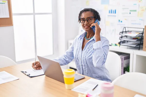 Middle Age African American Woman Business Worker Talking Smartphone Writing — Stock Photo, Image