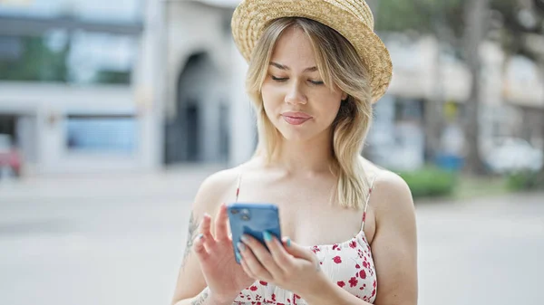 Young Blonde Woman Tourist Smiling Confident Using Smartphone Street — Stock fotografie
