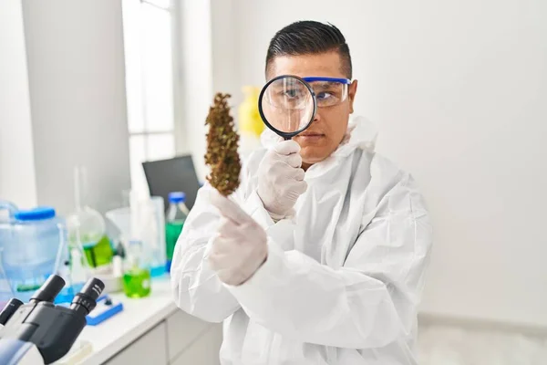Jeune Homme Latin Scientifique Regardant Herbe Cannabis Avec Loupe Laboratoire — Photo