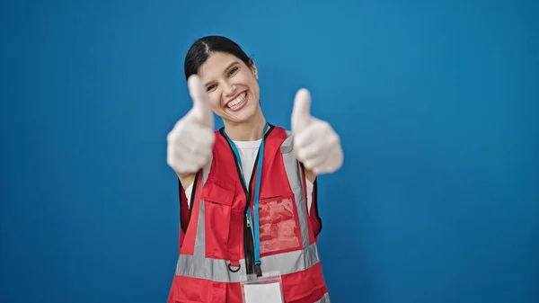 Young Beautiful Hispanic Woman Doctor Smiling Confident Doing Thumbs Gesture — Stock Photo, Image
