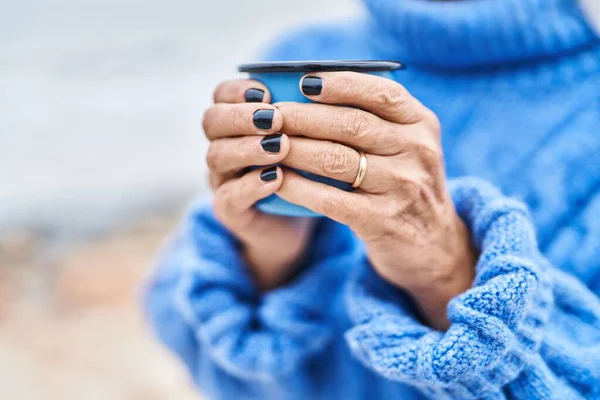Middle Age Grey Haired Woman Drinking Coffee Seaside — Foto Stock