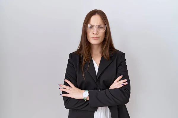 Beautiful Brunette Woman Wearing Business Jacket Glasses Skeptic Nervous Disapproving — Stock Photo, Image