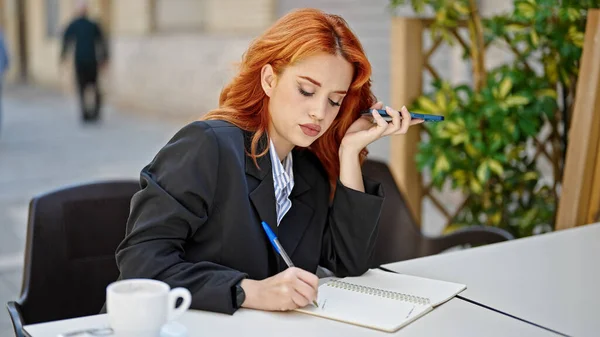 Young Redhead Woman Business Worker Listening Voice Message Smartphone Taking — Stock Photo, Image