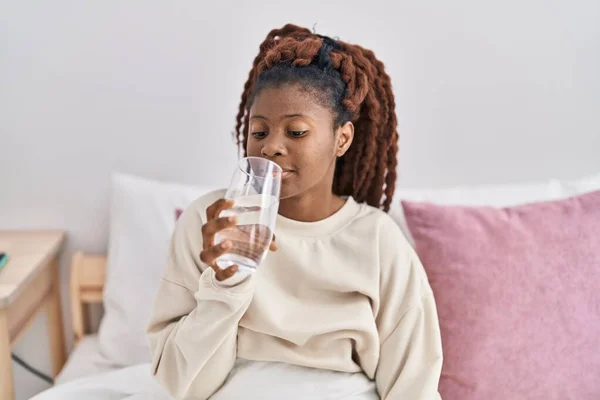 African American Woman Drinking Glass Water Sitting Bed Bedroom — Foto Stock