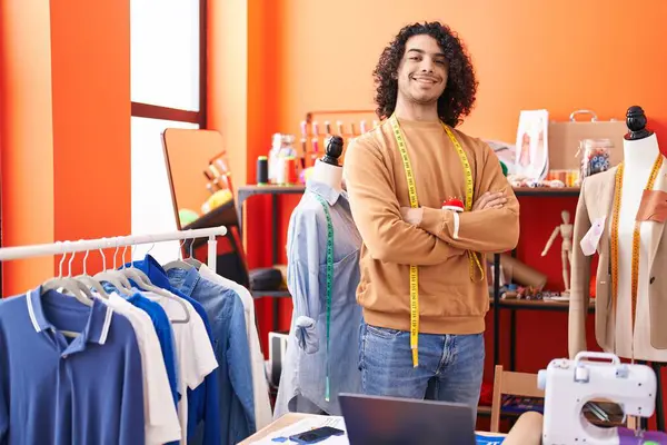 Young Latin Man Tailor Smiling Confident Standing Arms Crossed Gesture — Stock Photo, Image