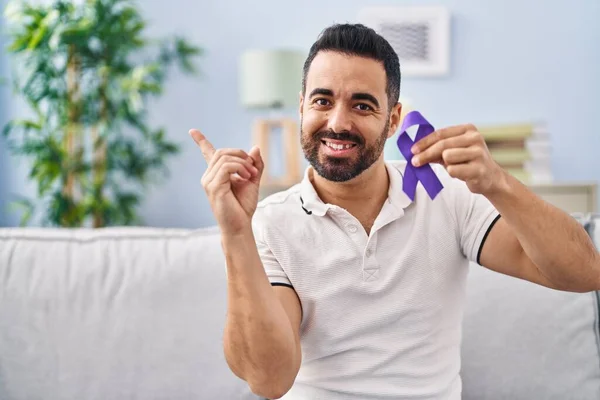 Young Hispanic Man Beard Holding Purple Ribbon Awareness Smiling Happy — Stock Photo, Image