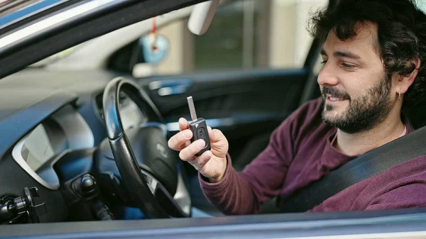 Young Hispanic Man Smiling Confident Holding Key New Car Street — Photo