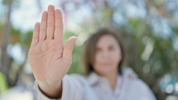 Middle Age Hispanic Woman Doing Stop Gesture Hand Park — Stock Photo, Image