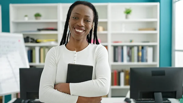 African American Woman Student Holding Book Standing University Classroom — Stock Photo, Image