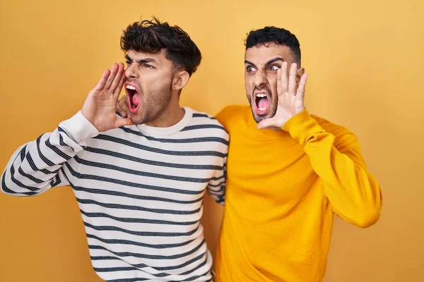 Jong Hispanic Gay Paar Staande Gele Achtergrond Schreeuwen Schreeuwen Luid — Stockfoto