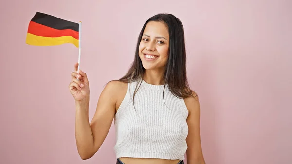 Mladá Krásná Hispánská Žena Usmívá Sebevědomě Drží Německou Vlajku Nad — Stock fotografie