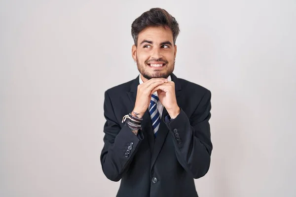 Young Hispanic Man Tattoos Wearing Business Suit Tie Laughing Nervous — Stock Photo, Image