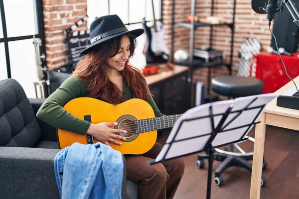 Young Hispanic Woman Musician Playing Classical Guitar Music Studio — Stock Photo, Image