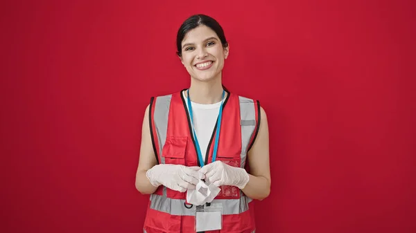 Young Beautiful Hispanic Woman Doctor Smiling Confident Standing Isolated Red — Stock Photo, Image