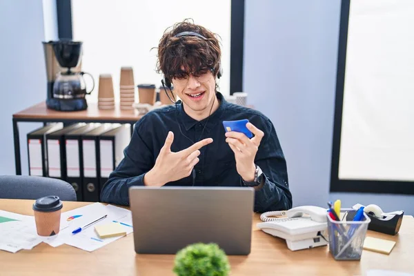 Young Hispanic Man Call Center Agent Having Video Call Holding — Stock Photo, Image