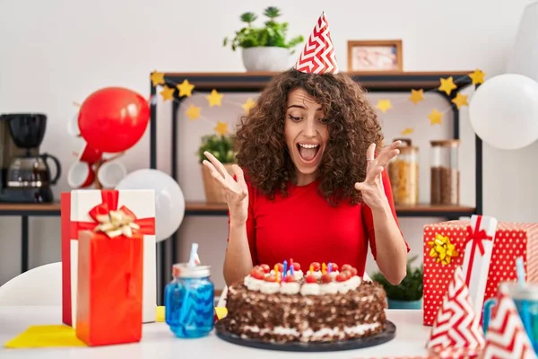 Hispanic Woman Curly Hair Celebrating Birthday Holding Big Chocolate Cake — Stok fotoğraf