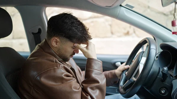 Young Arab Man Stressed Driving Car Street — ストック写真