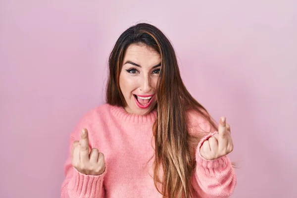 Young Hispanic Woman Standing Pink Background Showing Middle Finger Doing — Foto de Stock