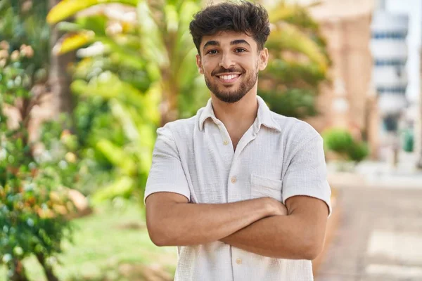 Young Arab Man Smiling Confident Standing Arms Crossed Gesture Park — Fotografia de Stock