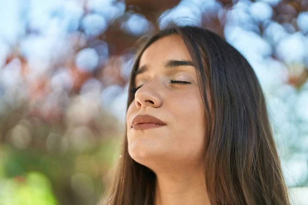 Young Beautiful Hispanic Woman Breathing Closed Eyes Park —  Fotos de Stock