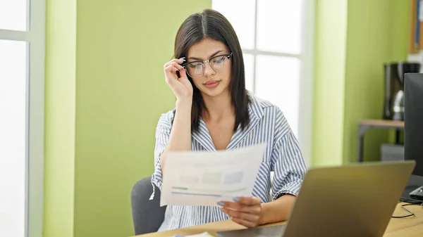 Young Caucasian Woman Business Worker Reading Document Office —  Fotos de Stock