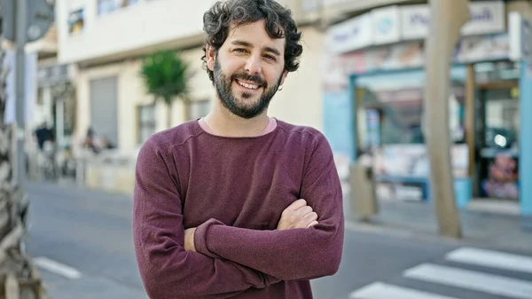 Young Hispanic Man Smiling Confident Standing Arms Crossed Gesture Street — Foto Stock