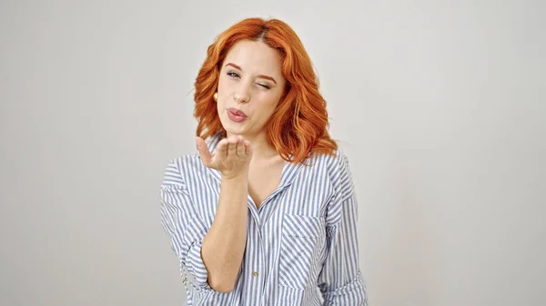 Young Redhead Woman Smiling Confident Blowing Kiss Isolated White Background — Stock Photo, Image