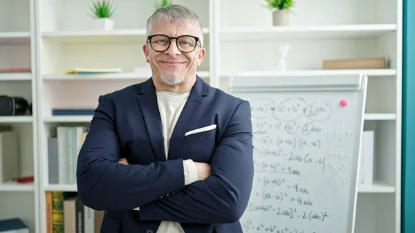 Middle Age Grey Haired Man Teacher Smiling Confident Standing Arms — Stock Photo, Image