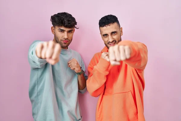 Young Hispanic Gay Couple Standing Pink Background Punching Fist Fight — Stock Photo, Image