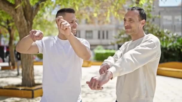 Dois Homens Casal Sorrindo Confiante Dançando Juntos Parque — Vídeo de Stock
