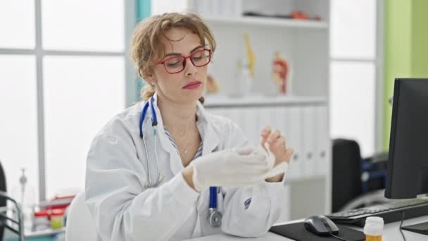 年轻的女医生已经厌倦了在诊所摘下眼镜和手套 — 图库视频影像