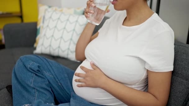 Jonge Zwangere Vrouw Drinken Glas Water Zitten Bank Thuis — Stockvideo