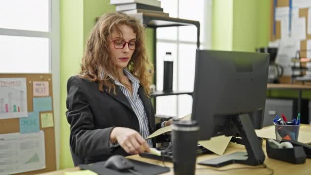 Wanita Muda Pekerja Bisnis Menggunakan Komputer Membaca Dokumen Kantor — Stok Video