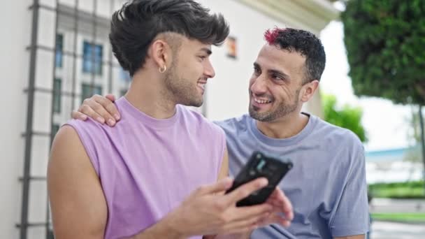 Two Men Couple Smiling Confident Using Smartphone Street — 图库视频影像