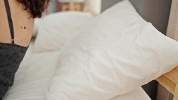 Middle Age Hispanic Woman Lying Bed Sleeping Bedroom — Αρχείο Βίντεο