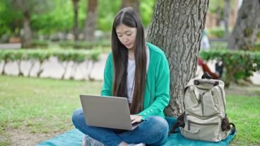 Genç Çinli kadın parkta dizüstü bilgisayar kullanıyor.