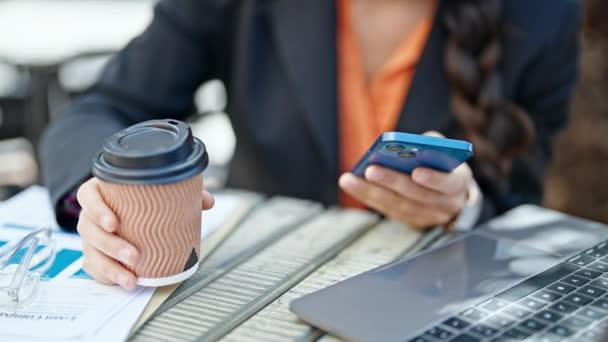 Young Beautiful Hispanic Woman Business Worker Drinking Coffee Talking Smartphone — Stock Video