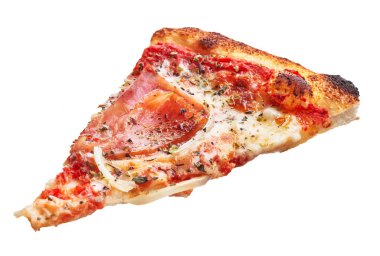  İzole edilmiş beyaz arka planda lezzetli bir dilim reçel ve soğanlı İtalyan pizzası.