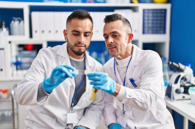 Two men scientists looking sample at street