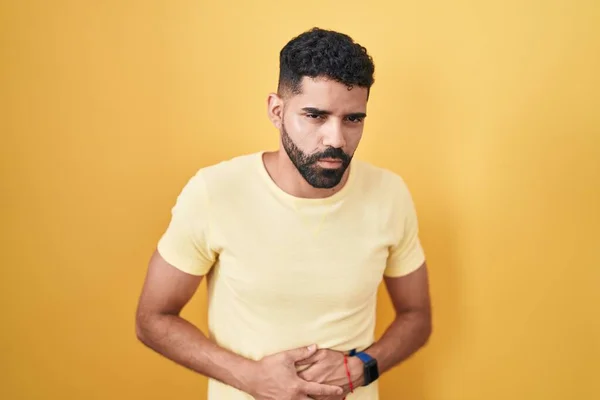 Hispanic Man Beard Standing Yellow Background Hand Stomach Because Indigestion — Stockfoto