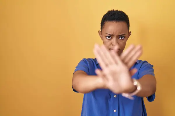 African American Woman Standing Yellow Background Rejection Expression Crossing Arms — Stock Photo, Image
